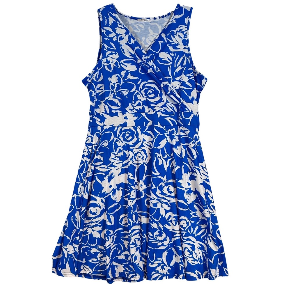 Womens Blue White Floral Faux Wrap Sleeveless A-Line Jersey Dress Large Summer